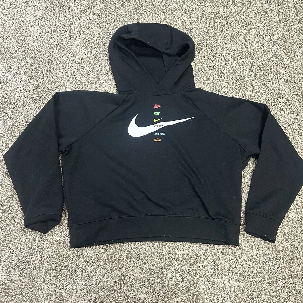 Nike Sweatshirt Youth Medium Hoodie Black Graphic Center Swoosh Pullover